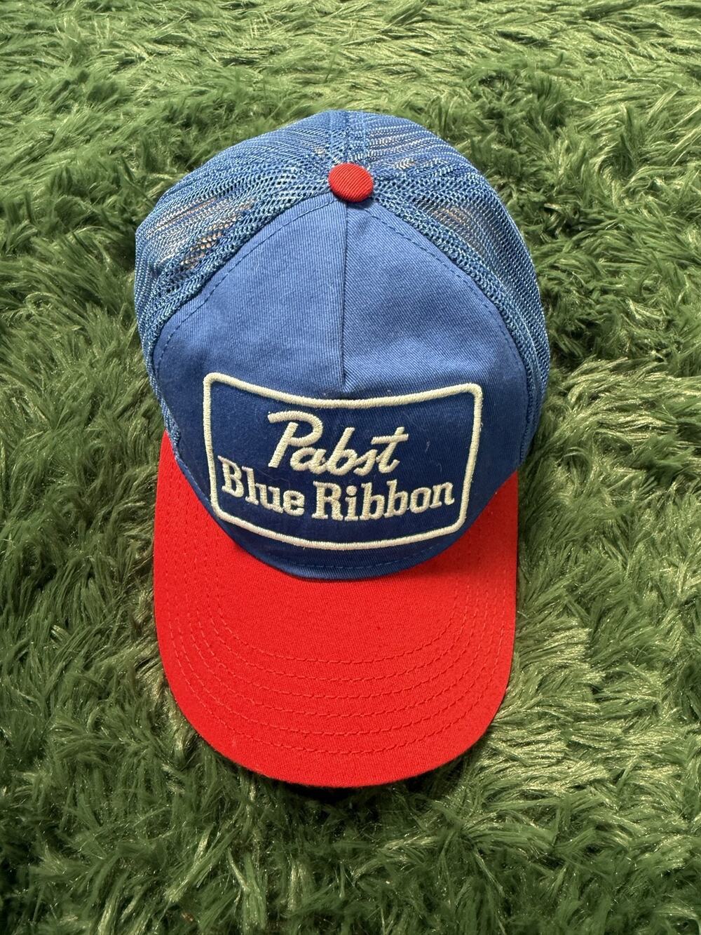 Pabst Blue Ribbon PBR Trucker Hat Blue Red Mesh Snapback Beer Breweriana Cap